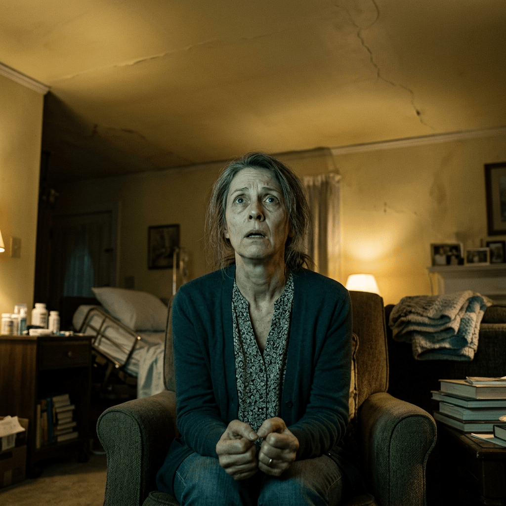 An anxious woman sitting on a chair in a dim living room with a hospital bed and medication nearby